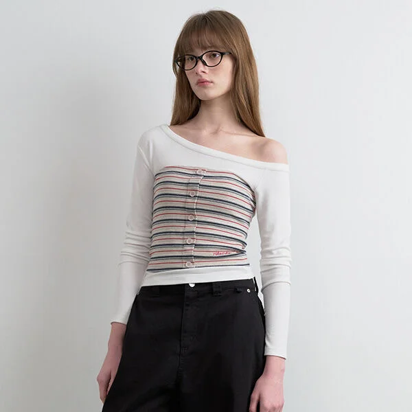STRIPE BUTTON BUSTIER LAYERED LONG SLEEVE WH+GY