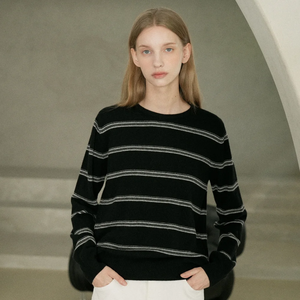 Merino Wool 100% Striped Round Knit (black)