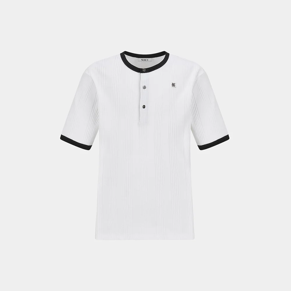 COTTON RIBBED RINGER HENLEY NECK - WHITE