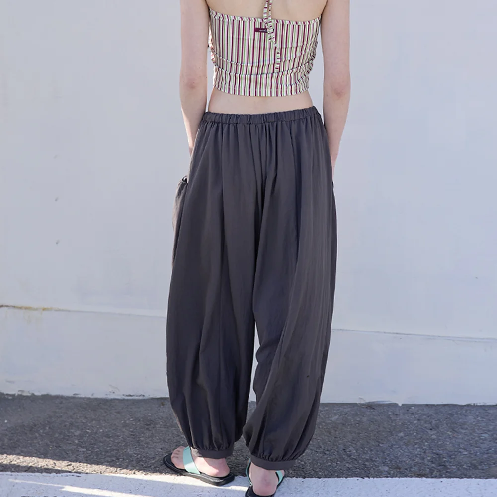 Button Detail Shirring Pants Charcoal