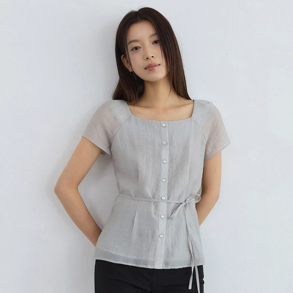 Square neck pintuck see through blouse - light grey