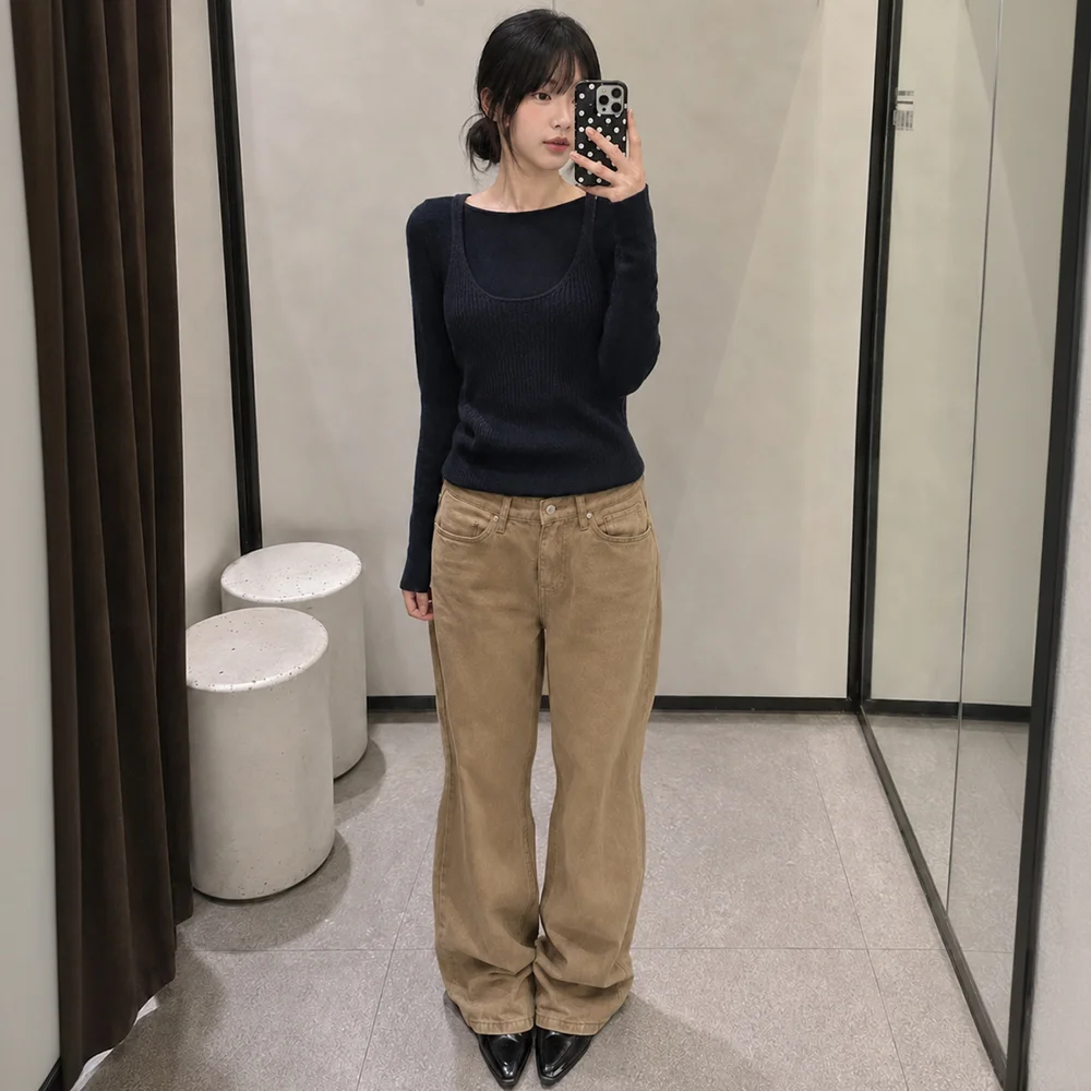 純棉 靴型 褲子 米色