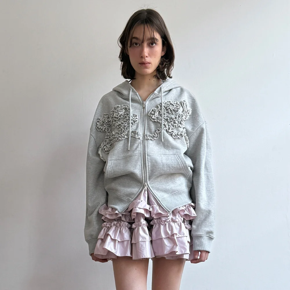 Rose Frill Oversized-Fit Hooded Zip-Up (Melange Grey)
