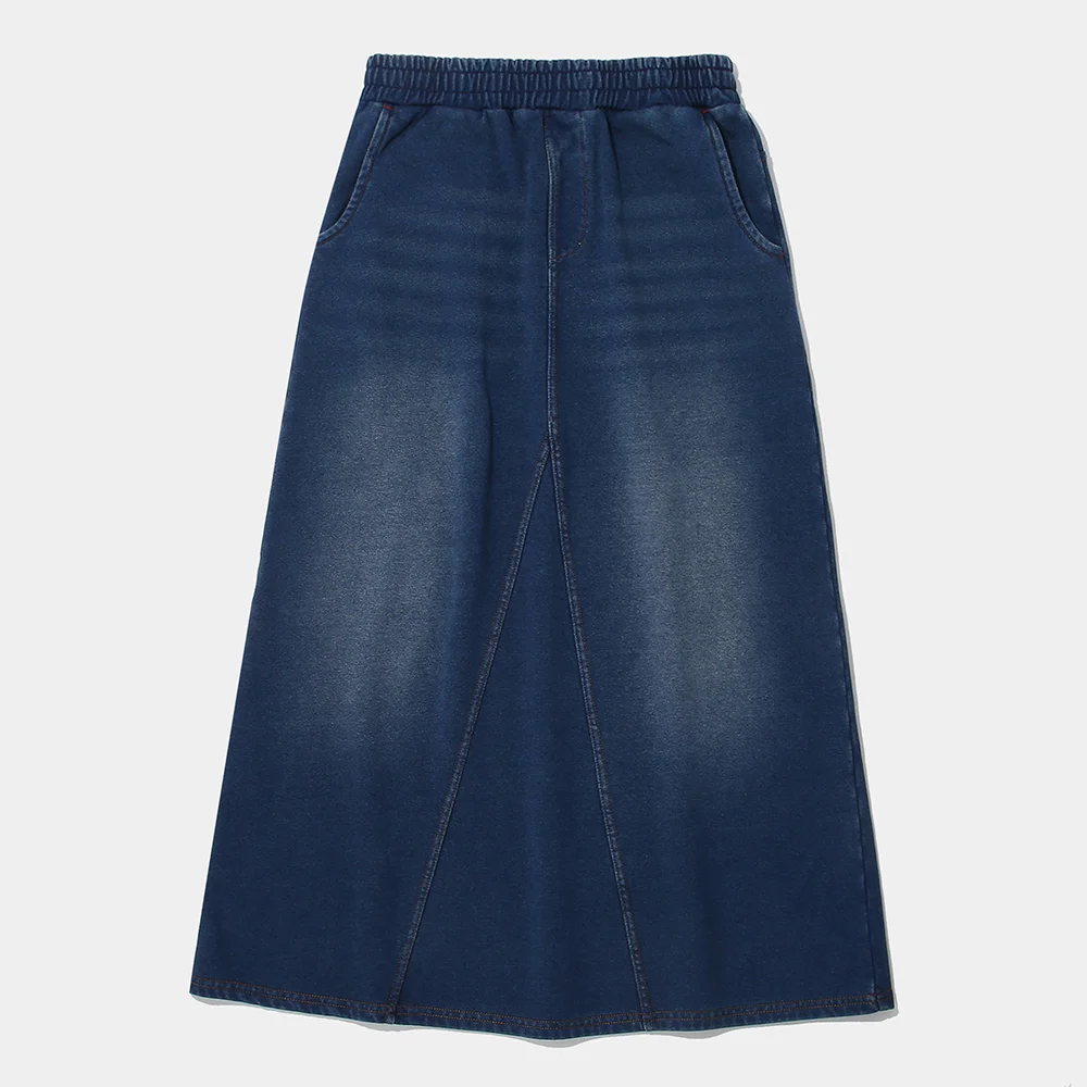 CAT WASHED DENIM TERRY A-LINE SKIRT_MIDNIGHT JIN