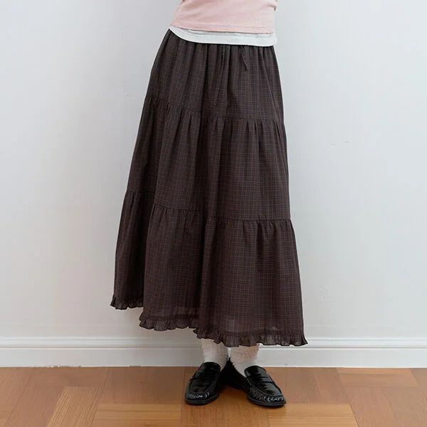 CHECK TIERED LONG SKIRT BROWN