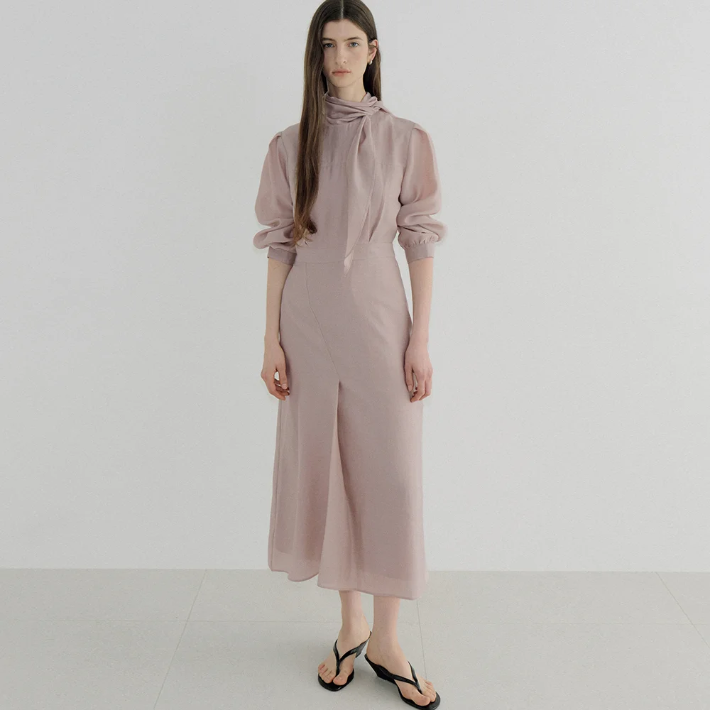 high neck tie dress (pink beige) orc 6118