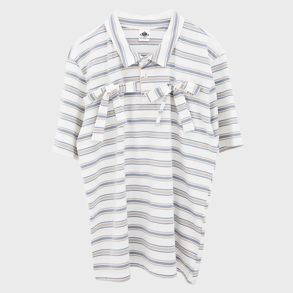 Kids 蝴蝶結 條紋 短袖 Polo T恤_白色