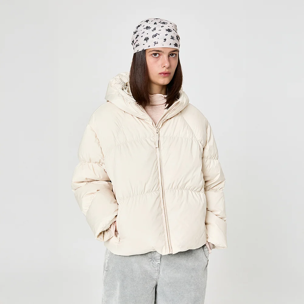 W 魅光 抽褶 連帽衫 Down Light Beige