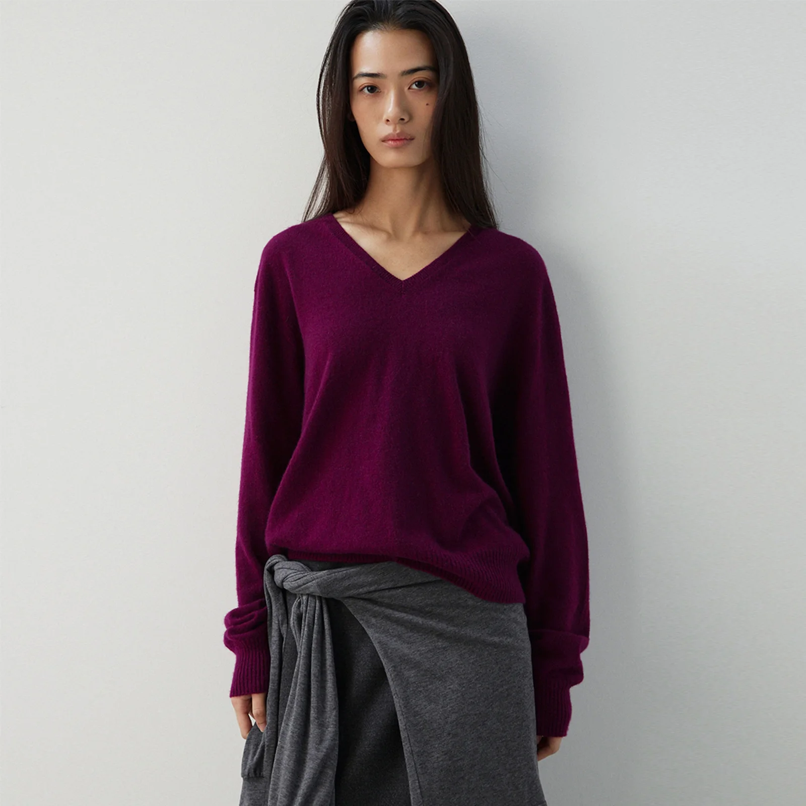 Wool V neck knit- Purple