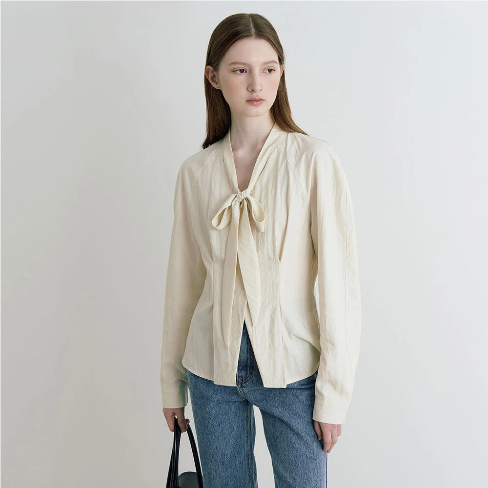 Ribbon tie pintuck puff blouse - cream