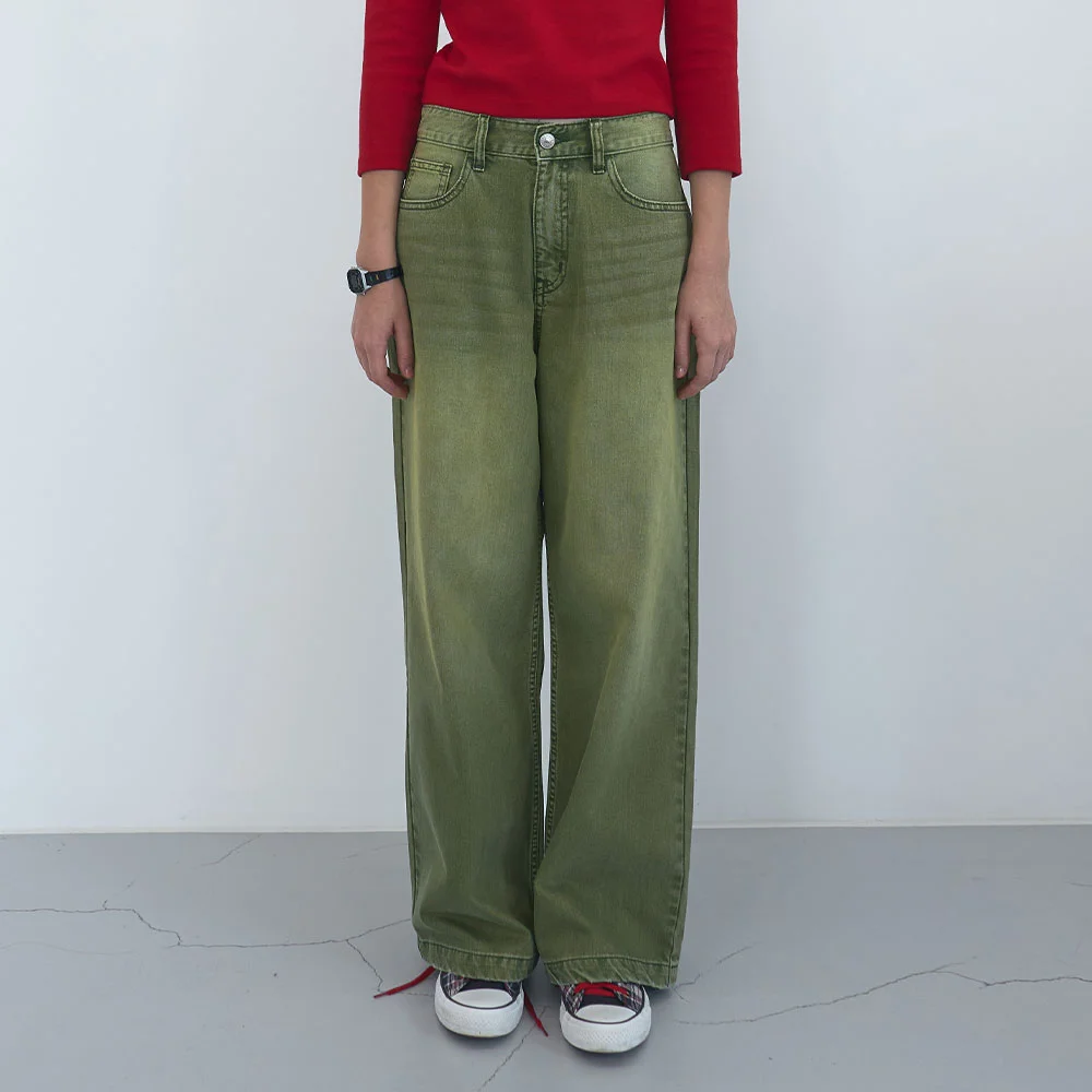 復古 寬版 牛仔 褲子 (Moss Green)
