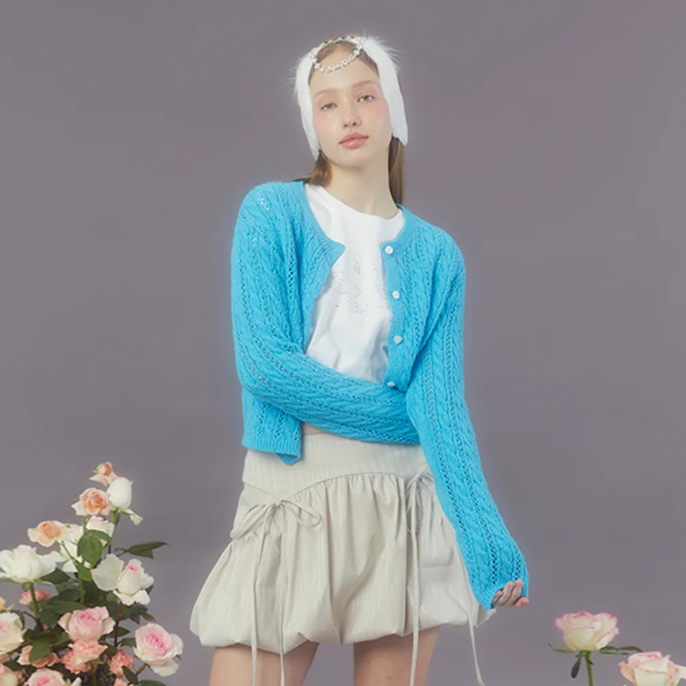 HEART BUTTON CABLE CARDIGAN (AQUA BLUE)