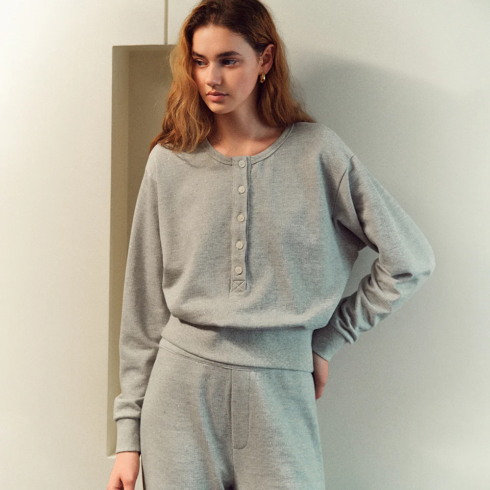 Henley neck glitter sweatshirt (light grey)