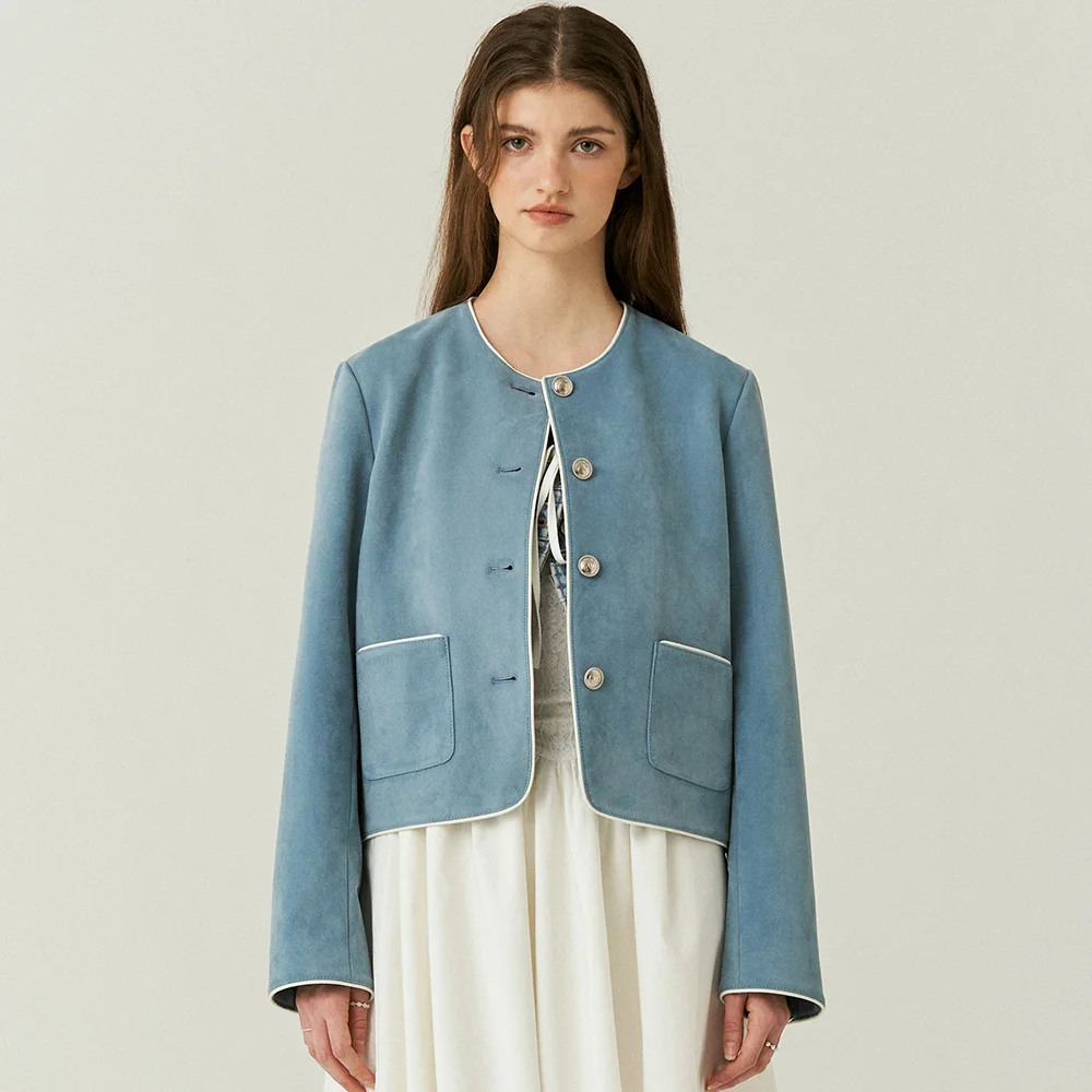 Suede Crop Classic Jacket in Blue