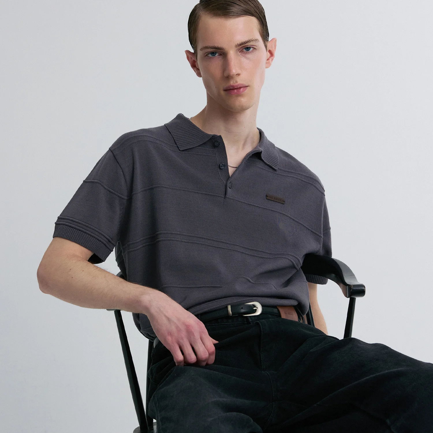 RIBBED DETAIL KNIT POLO SHIRT STONE