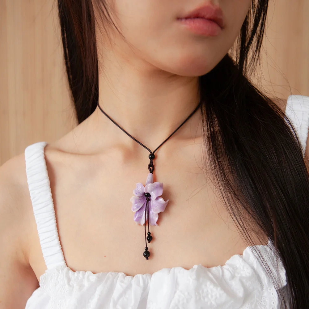 flower gemstone string necklace - lilac