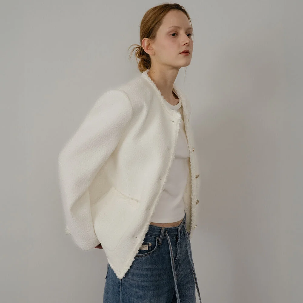 Fringe trimming tweed jacket _Ivory