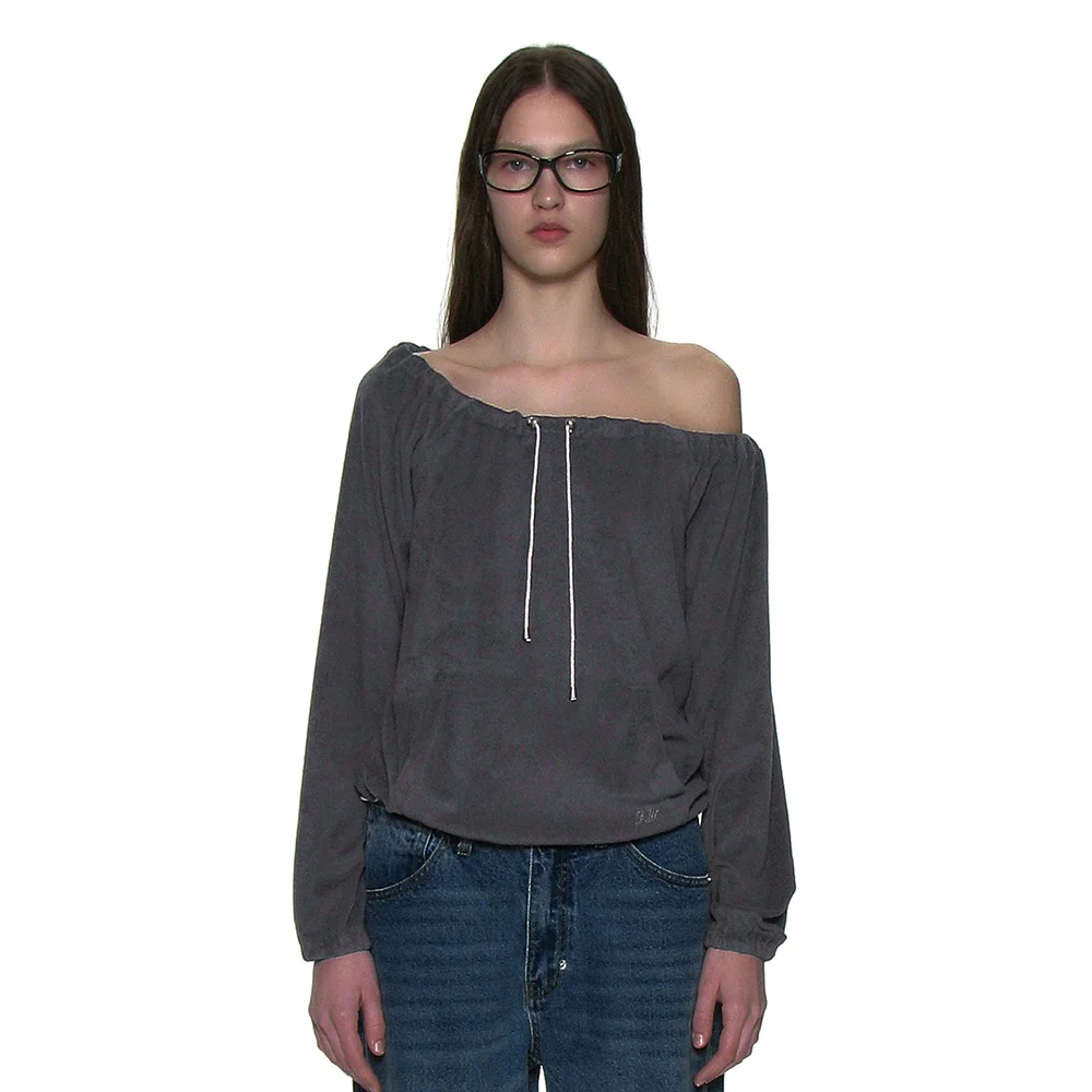 TERRY DRAWSTRING OFF-SHOULDER TOP_CHARCOAL