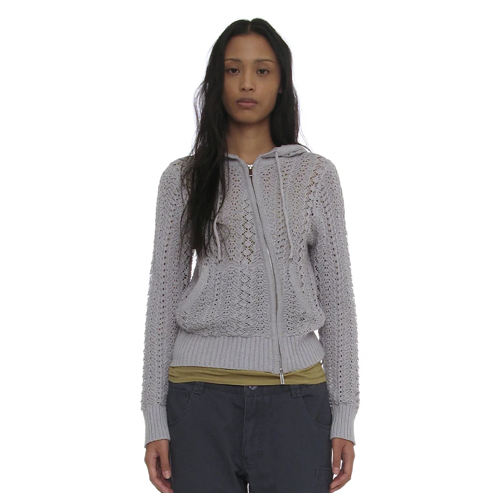 OPENWORK ASYMMETRIC ZIP-UP HOODIE KNIT_LIGHT GREY