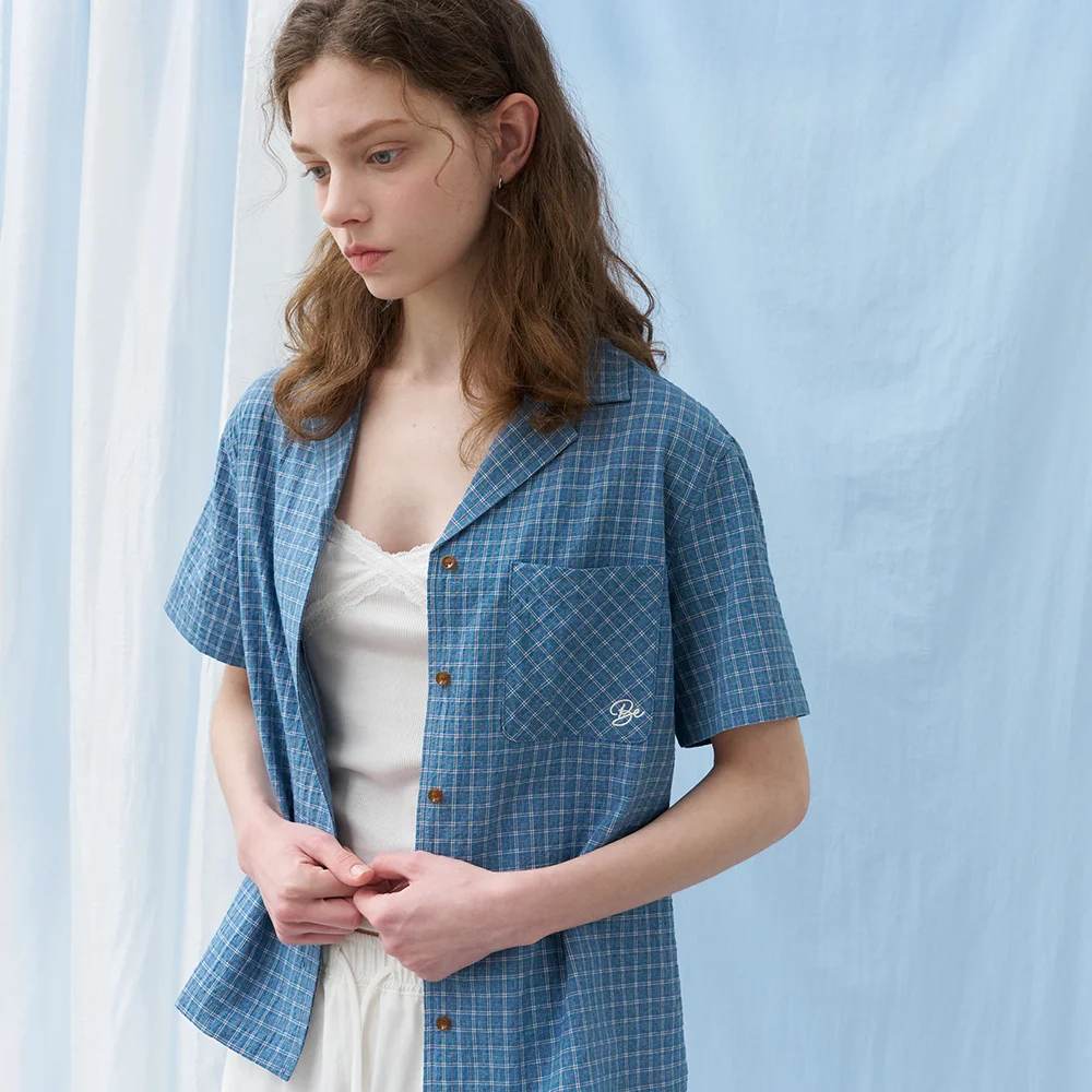 Stitched check half shirt _Blue