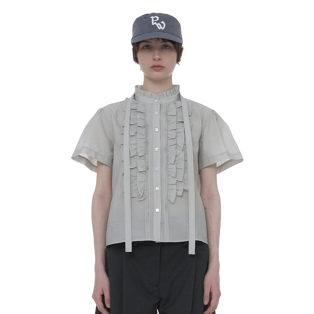 SCARF RUFFLE PINTUCK BLOUSE_LIGHT GREY