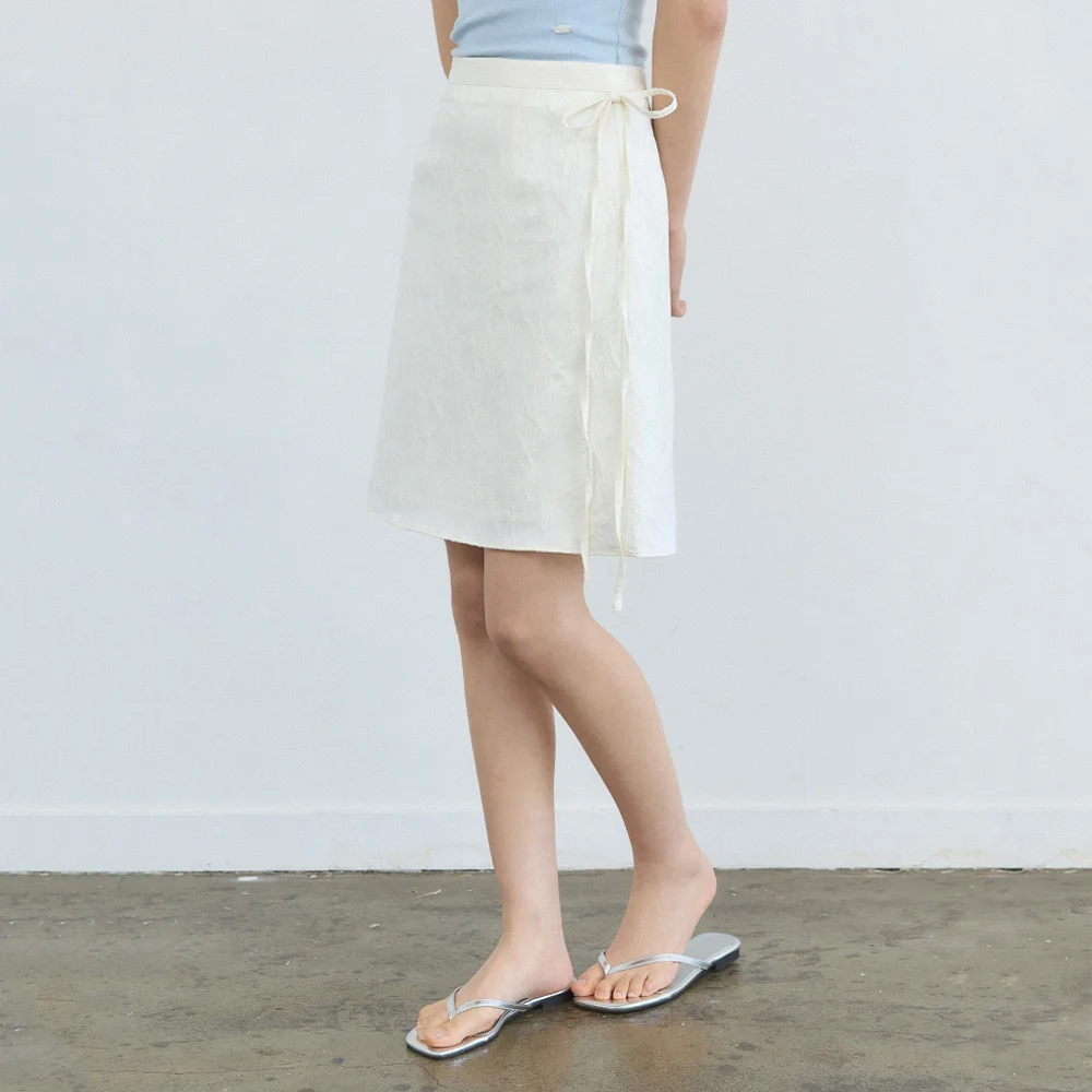 Jacquard satin ribbon midi skirt - cream