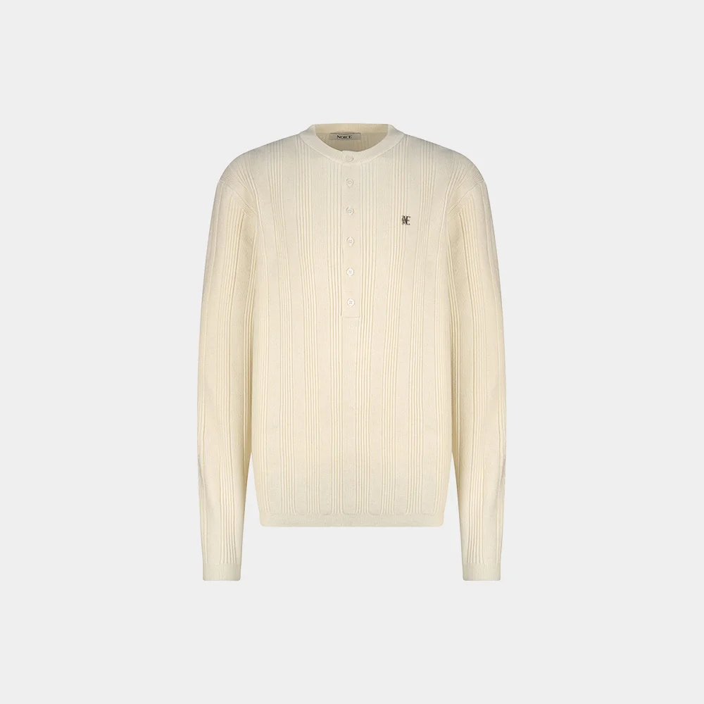 MERINO RIBBED HENLEY NECK KNIT TOP - IVORY