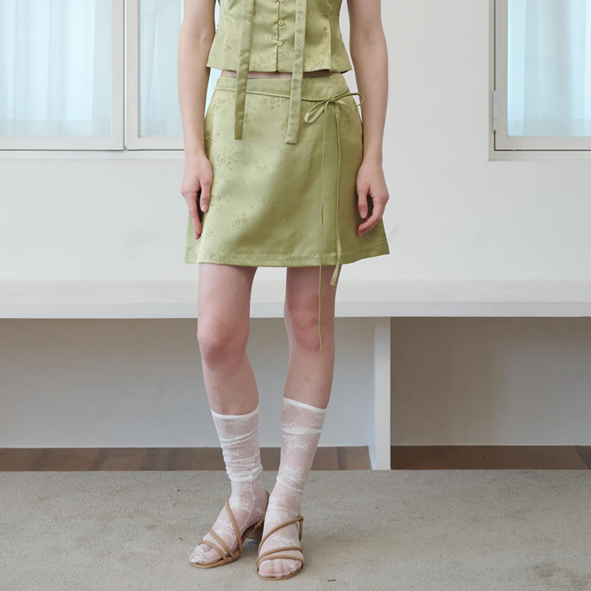 String Belt Satin Mini Skirt Jacquard Olive