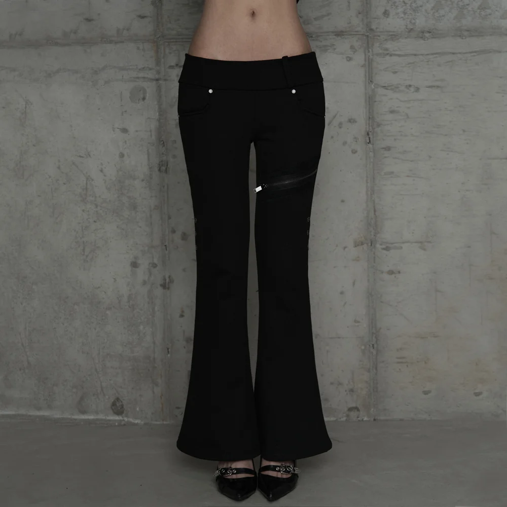 Lace Zipper Layer Bootcut Pants (Black)