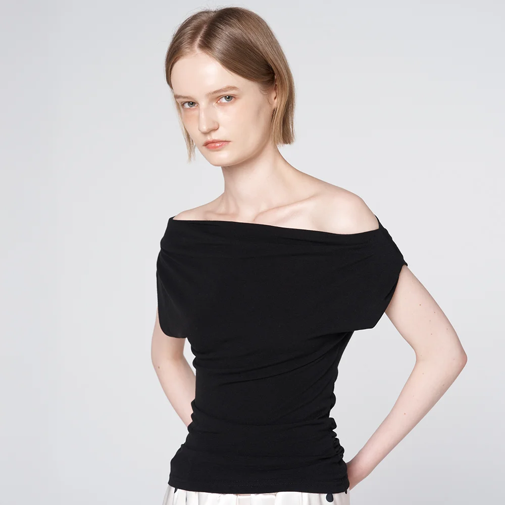 Drape Off-Shoulder Slim Fit Top Black