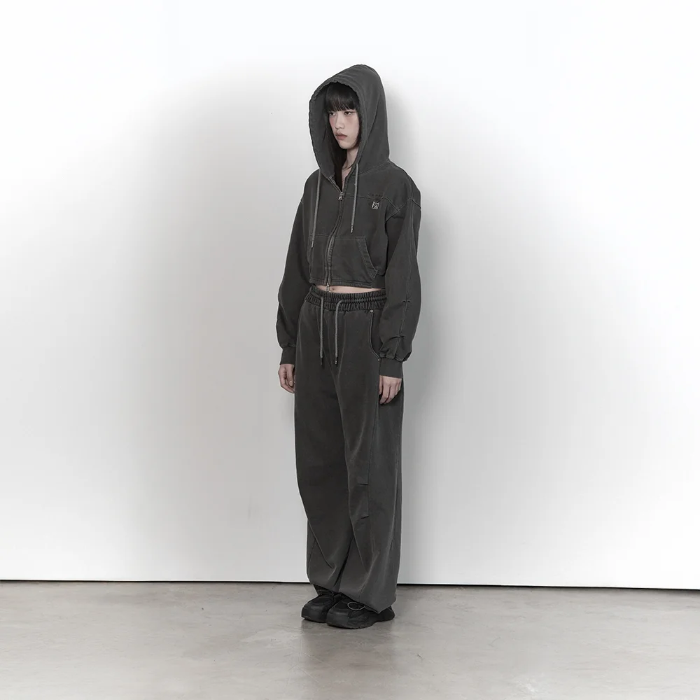 Soft Heavy Angel Washing Crop Hood Zip-up (Charcoal )