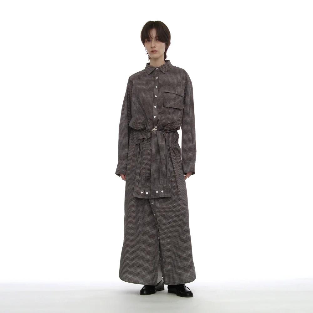 SLEEVE-TIE SHIRT MAXI DRESS_CHARCOAL CHEK