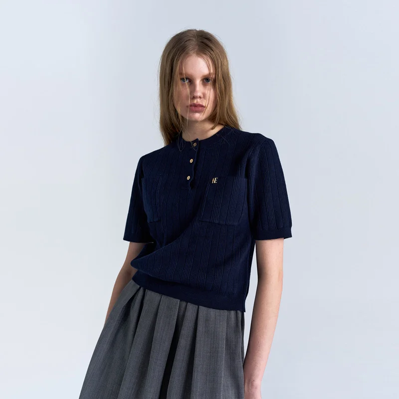 W HENLEY CASHMERE BLEND KNIT TOP - NAVY