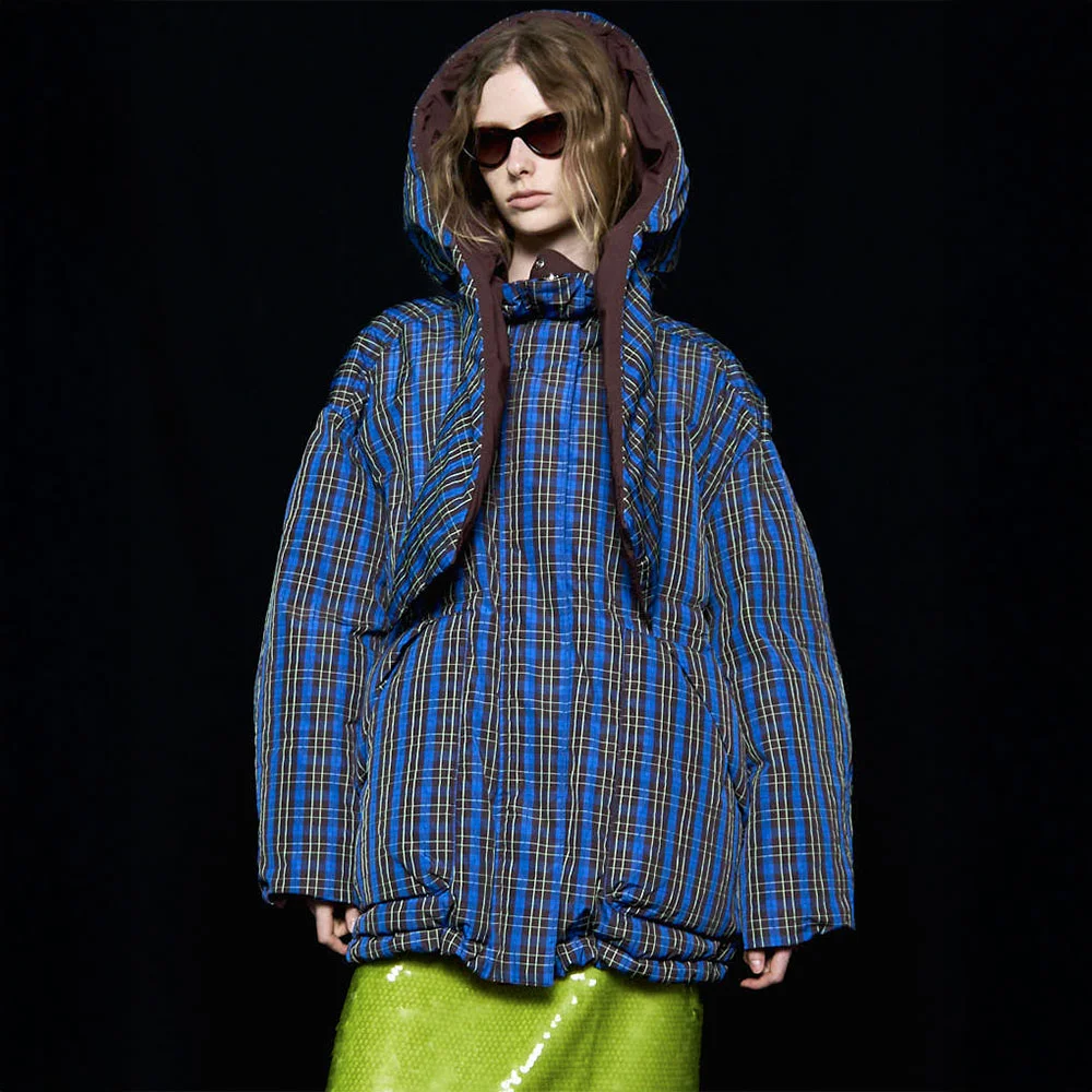 PLAID HOODIE SCARF MIDDLE DOWN COAT (BRN)
