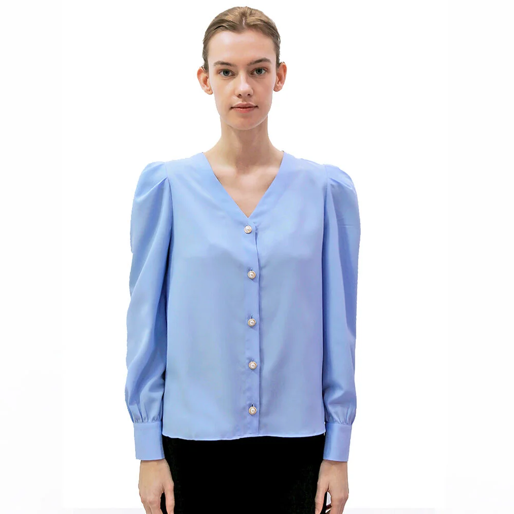泡泡 V領 藍色 雪紡衫_ Puff V-neck Blue BL