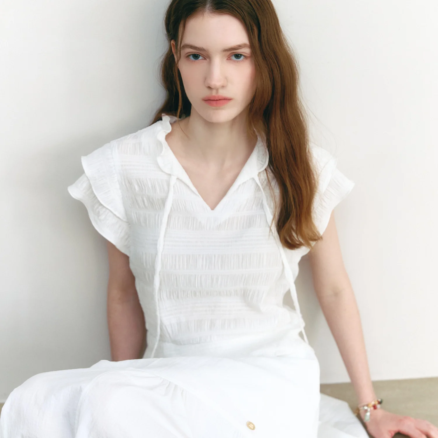Ruffle Cap Sleeve Blouse OFF WHITE