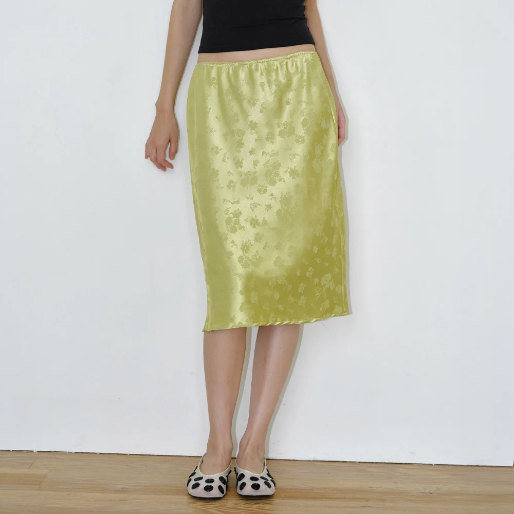 SATIN FLORAL MIDI SKIRT / OLIVE
