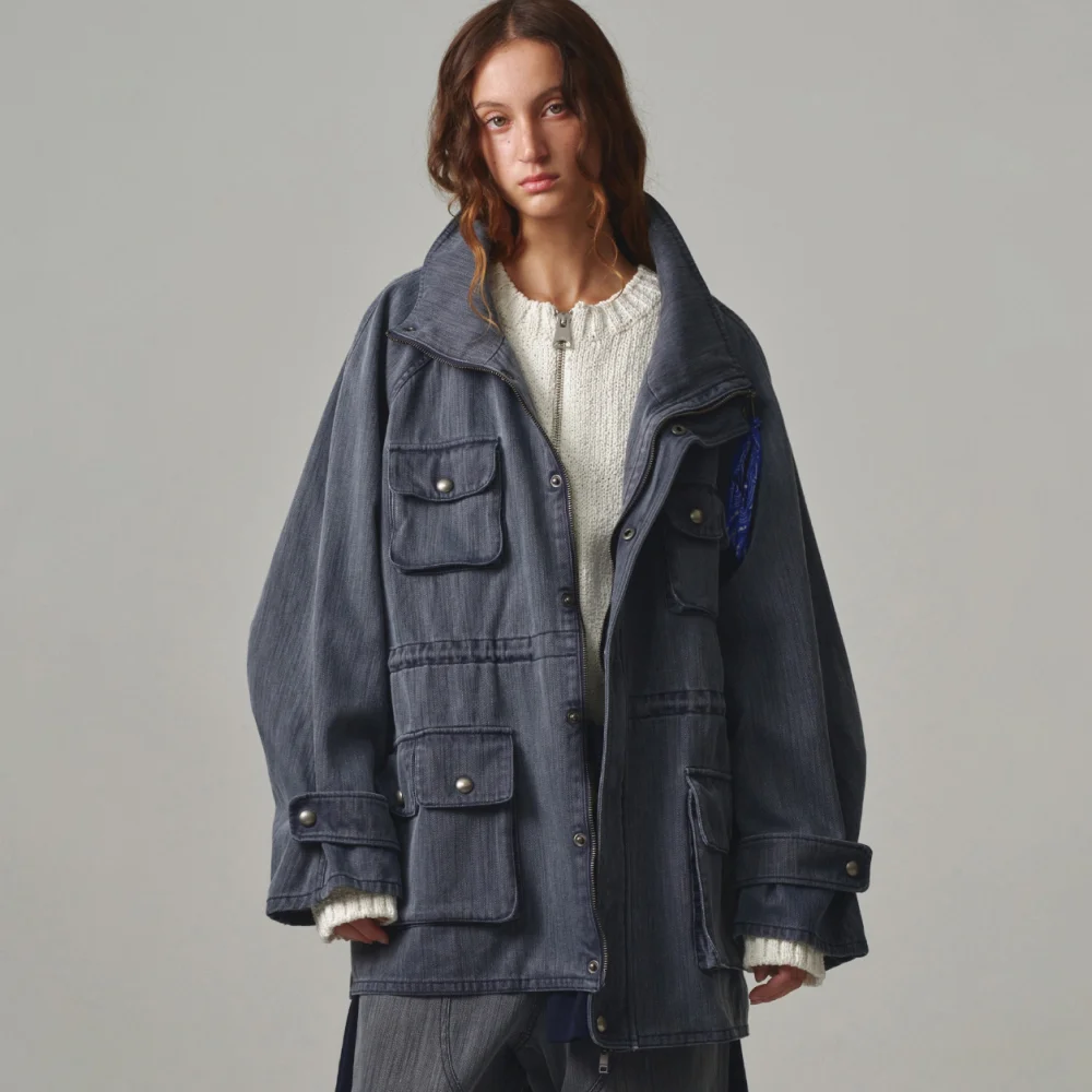 UNISEX, Oversized Bold Stud Detail Field Jacket / NAVY