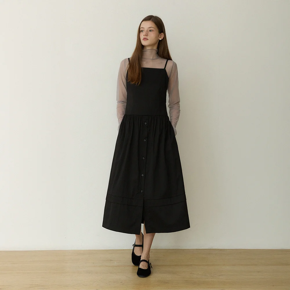 Thin line raw rise button long dress - black