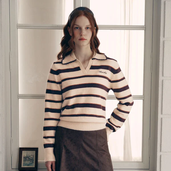 V NECK COLLAR STRIPE KNIT PULLOVER BEIGE