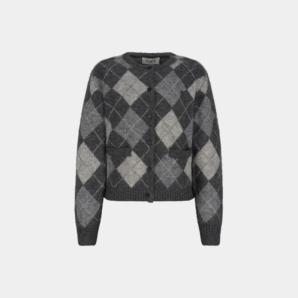 (W) ARGYLE MOHAIR KNIT CARDIGAN - GRAY