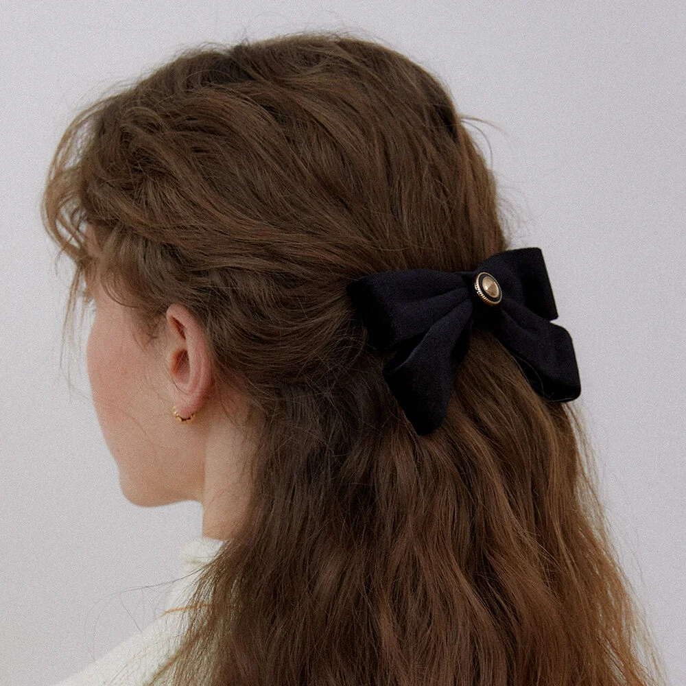 black button velvet ribbon pin_black button HP031