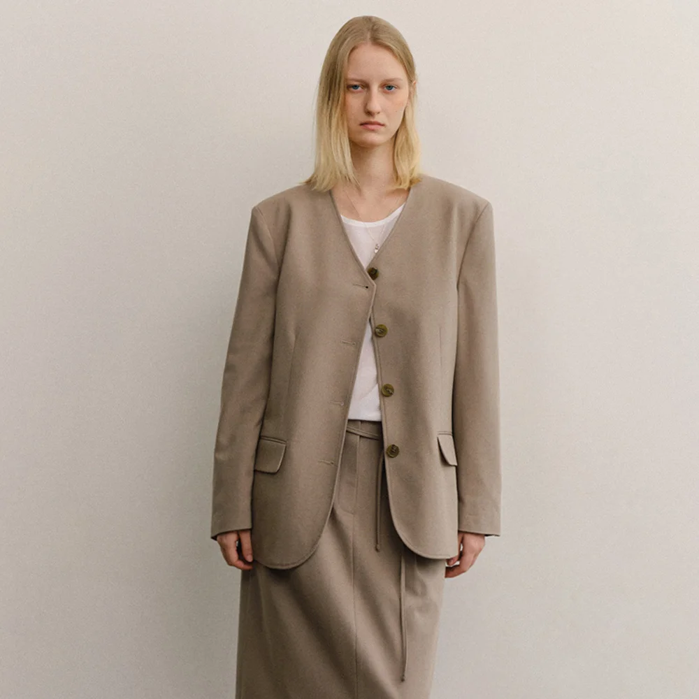 HERRINGBONE COLLARLESS JACKET_KHAKI BEIGE