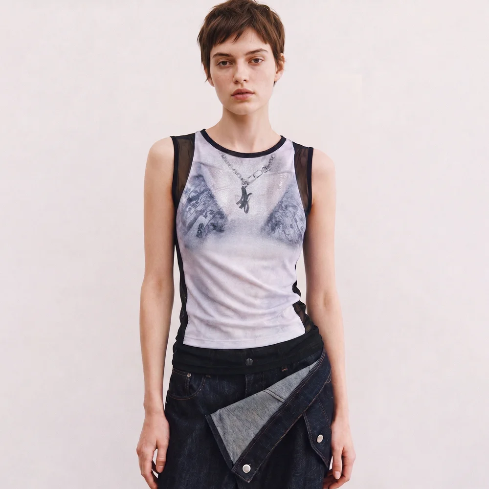 WET-PRINTED SLEEVELESS T- SHIRT atb1555w(WHITE/BLACK)