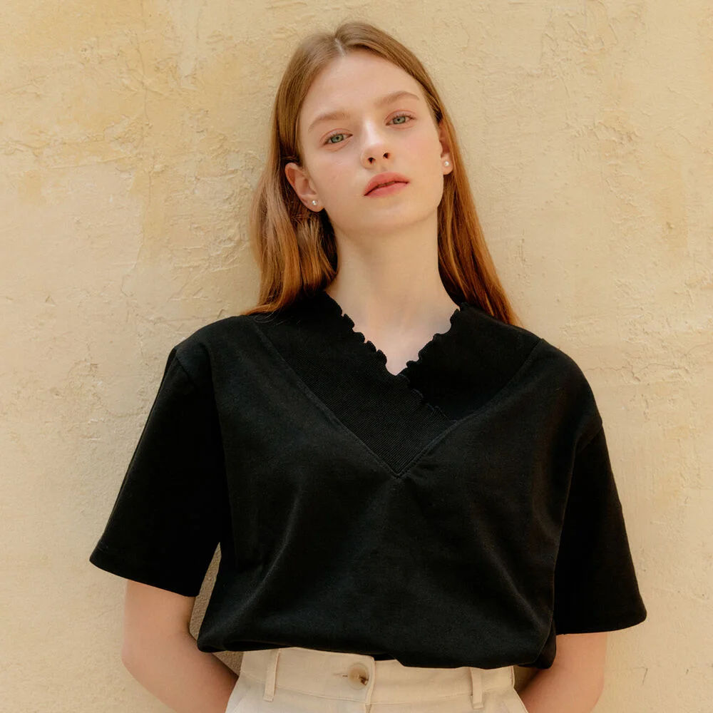 v shirring T-shirts_black