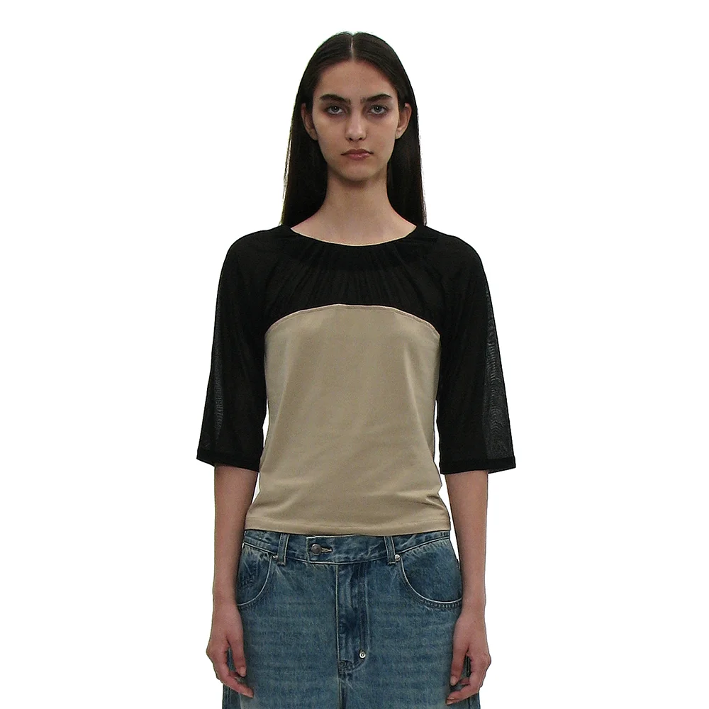 SHIRRING BUSITER COMBI TOP_BEIGE