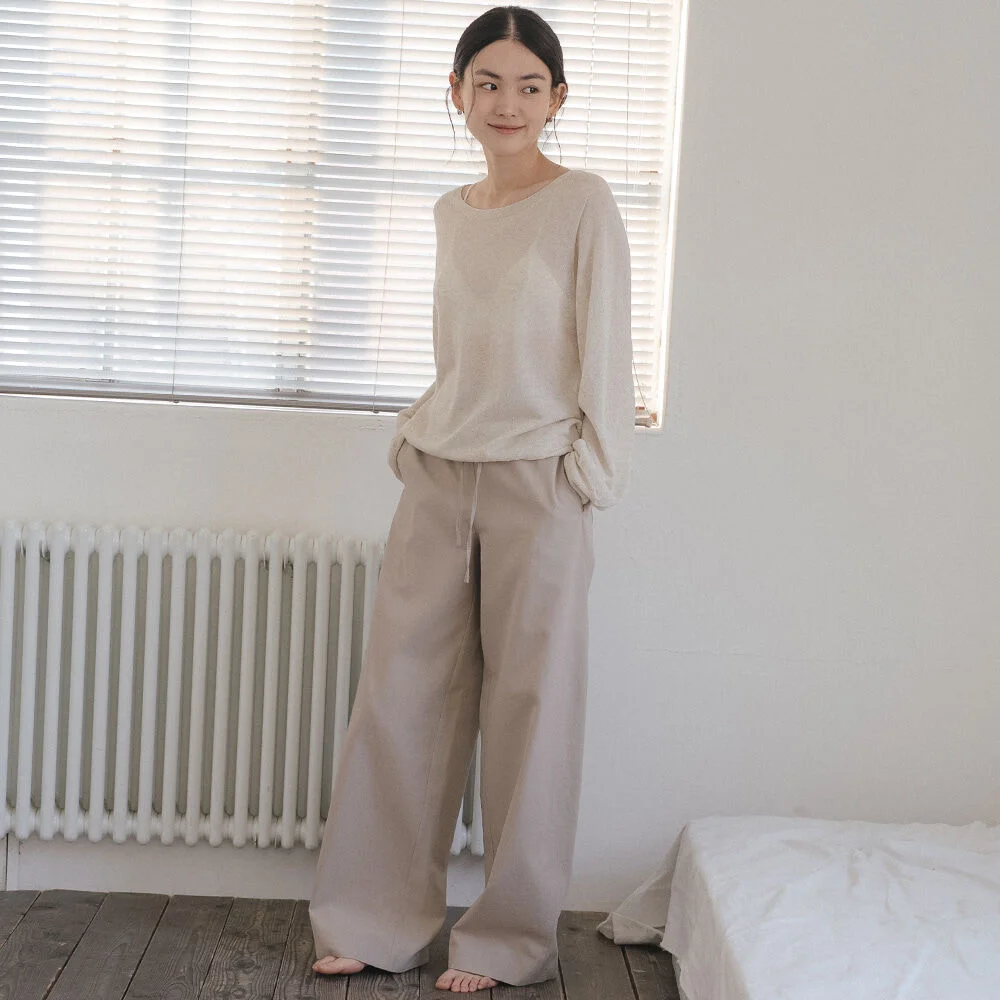 Curved banding cotton pants _Beige