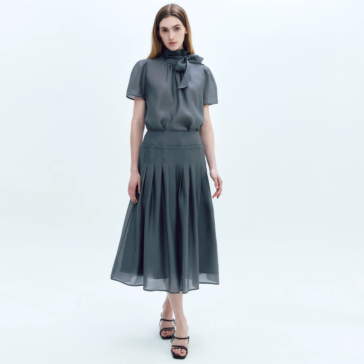Roll collar Short Blouse + Sheer Pleats Midi Skirt DARK GRAY