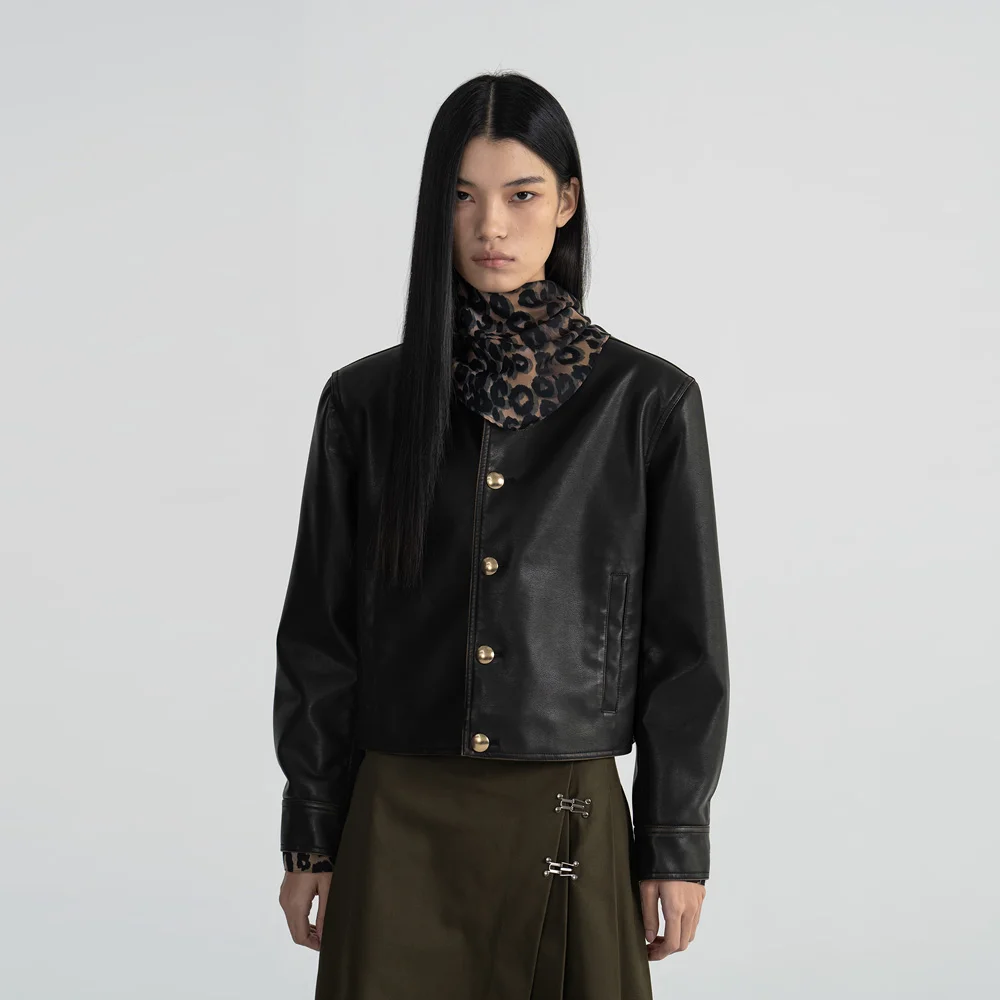 (W) PURE COLLAR FAUX LEATHER JACKET - BROWN