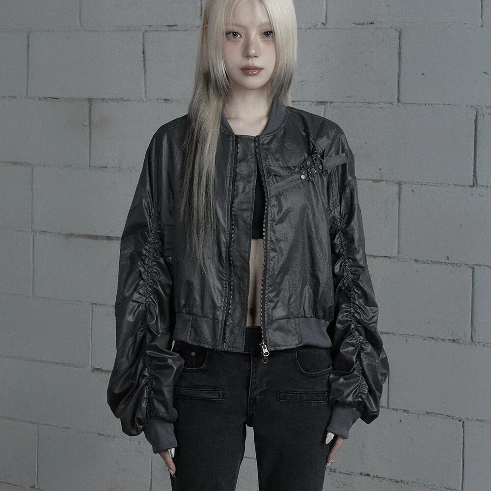 Chest Belt Tipstop Shirring Crop Jacket (Dark Gray)